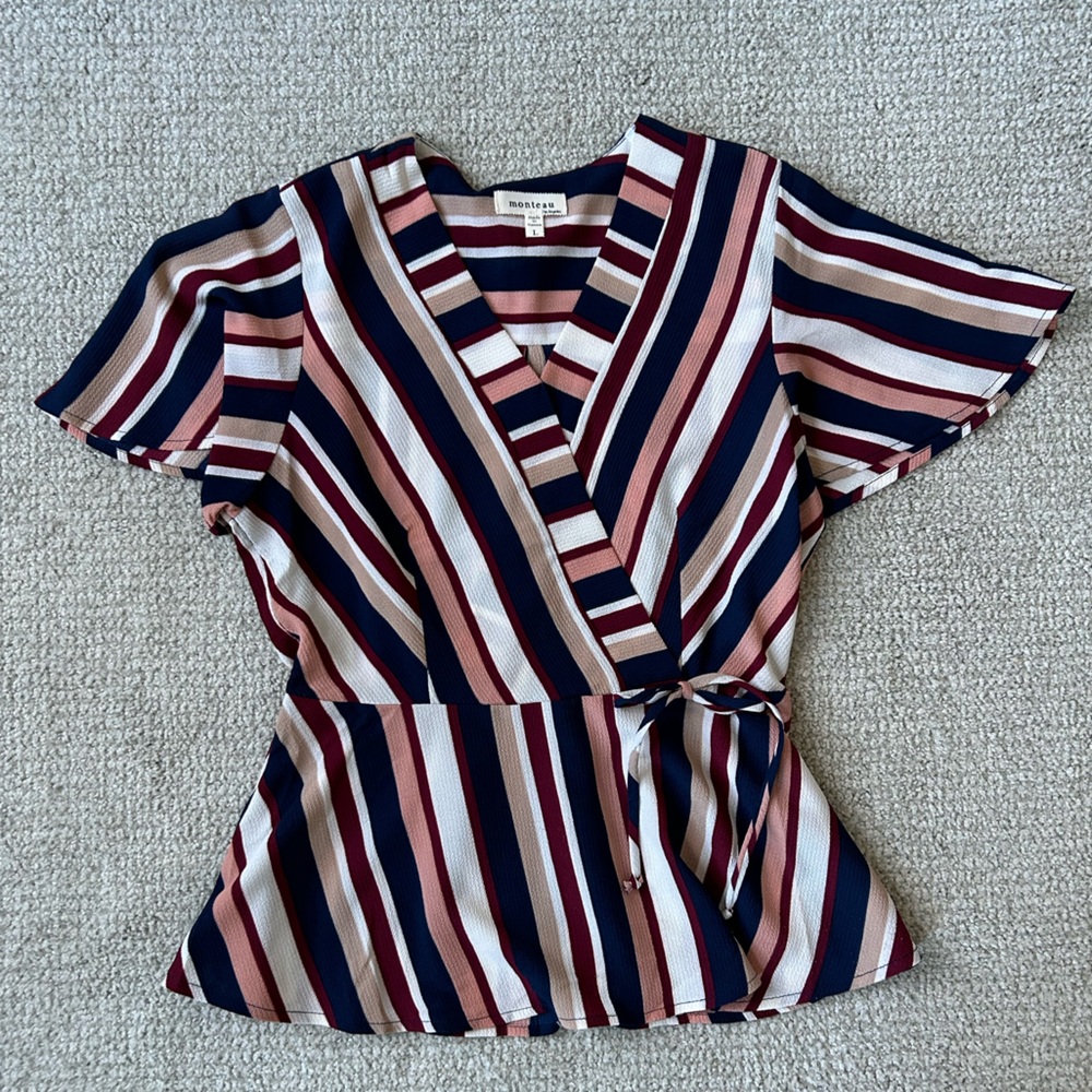 Faux Wrap Tie Waist Striped Top